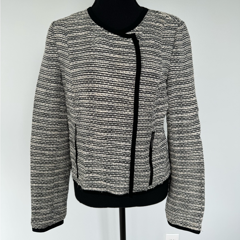 Black and White Striped Jacket with Wrap Zipper